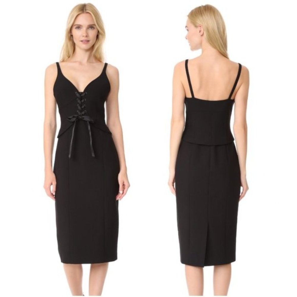 NWT Cinq à Sept Black Demia Lace-up Corset Midi Cocktail Dress